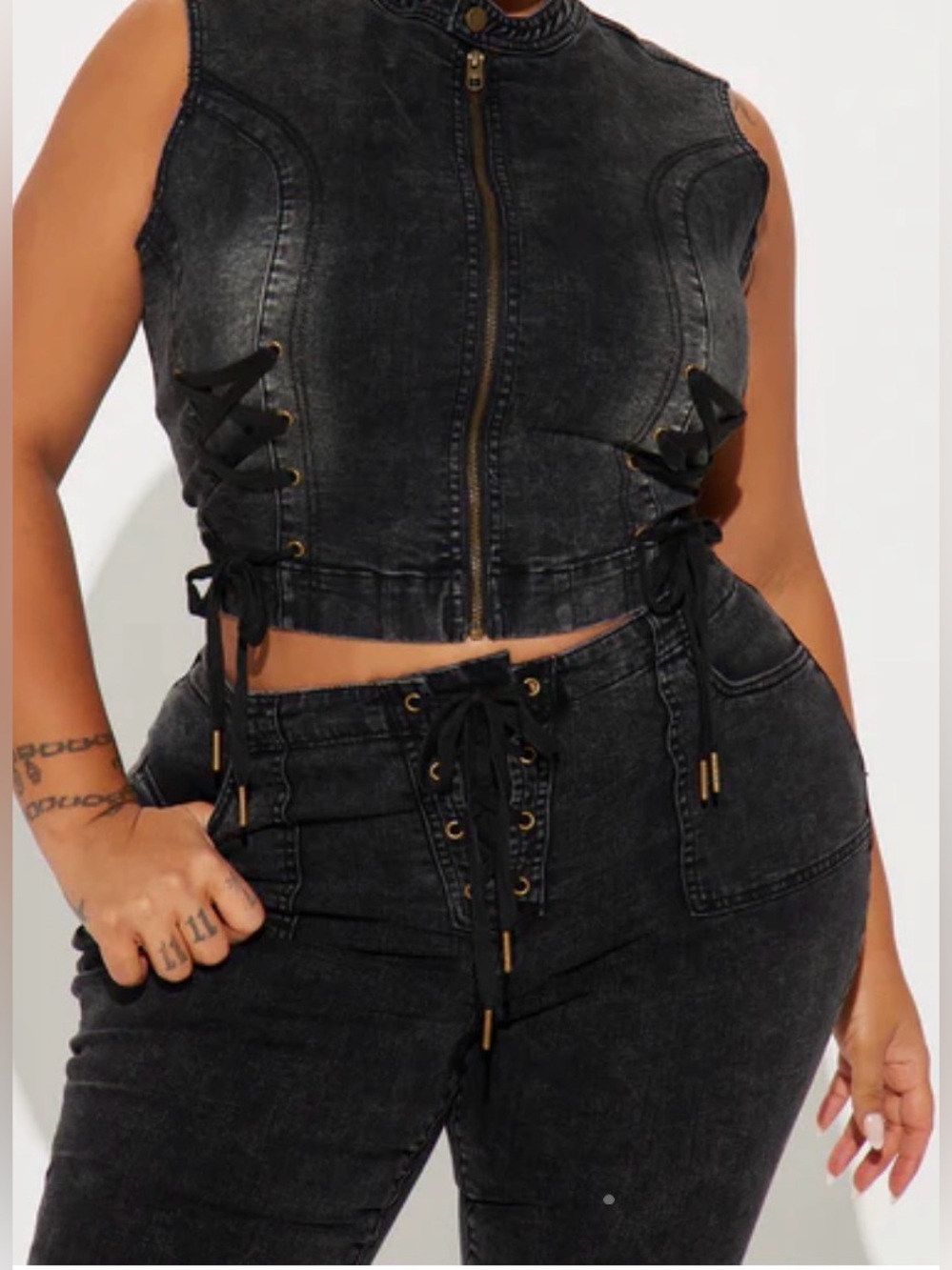 Fashion Nova Black Washed Lace-Up High-Waist Capris Set